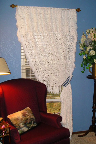 Curtains Curtains on Crocheted Bedspread As A Curtain